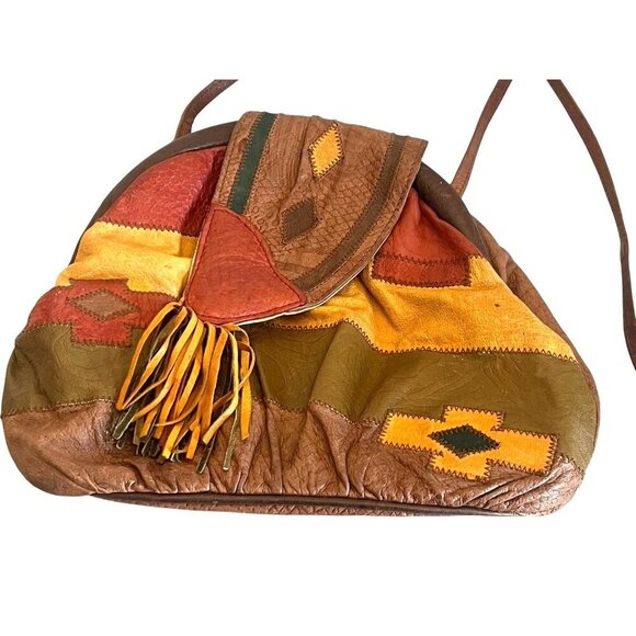 vtg Retro 80's Sereta Multicolor Stitched Patchwork Leather Crossbody Bag - Picture 2 of 8